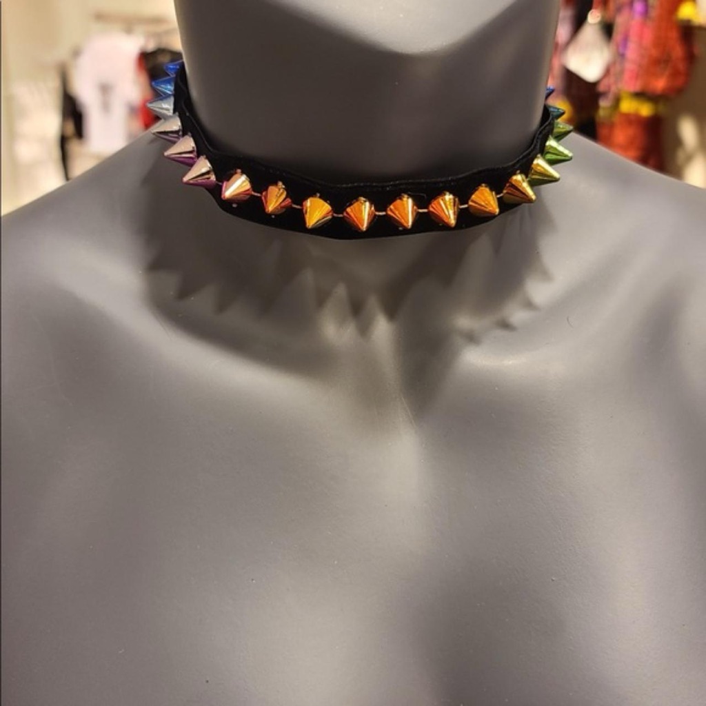 Rainbow Choker Unisex Spiked Studded Punk Multicolor Velvet Necklace Nwt 14$